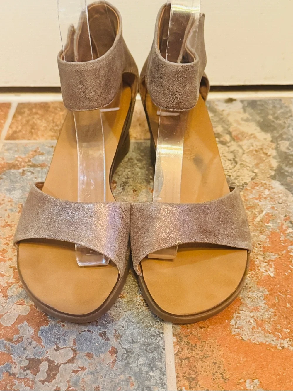 Fabulous Paul Green Tammy Metallic Gold BrushedSuede Wedge Velcro Closure Sandal